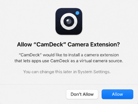 macOS dialog asking to allow the CamDeck camera extension, with Don't Allow and Allow buttons