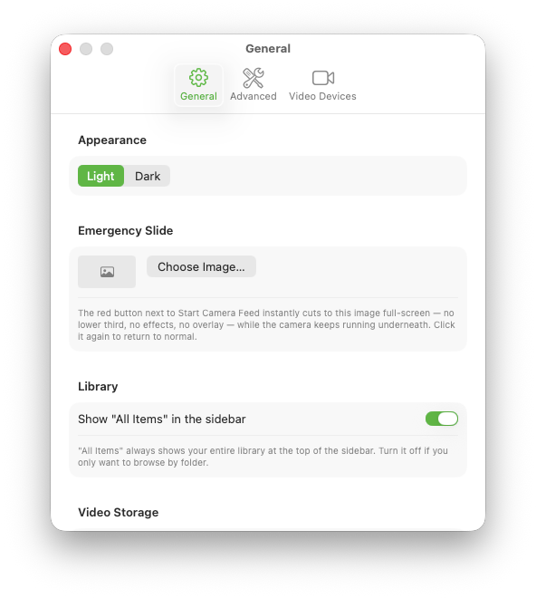 CamDeck Settings General panel showing the Emergency Slide standby image picker