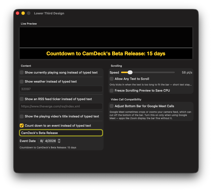CamDeck lower third design panel in Countdown mode, showing an event name, event date, and a live countdown preview