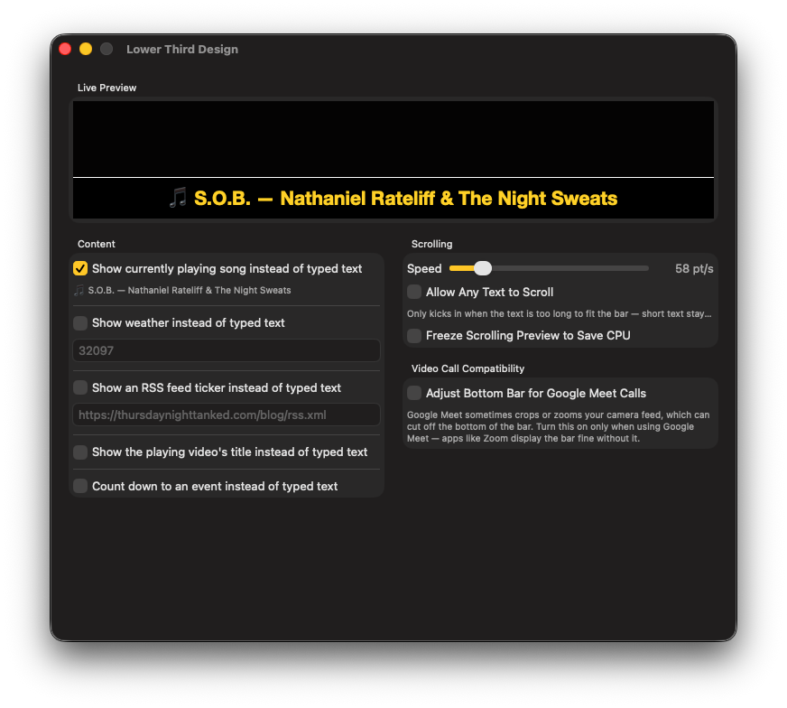 CamDeck lower third design panel in Now Playing mode, showing the current Spotify track in the live preview