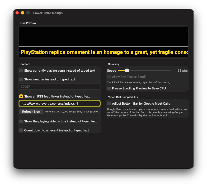 CamDeck lower third design panel in RSS mode, showing a feed URL and a live scrolling headline preview