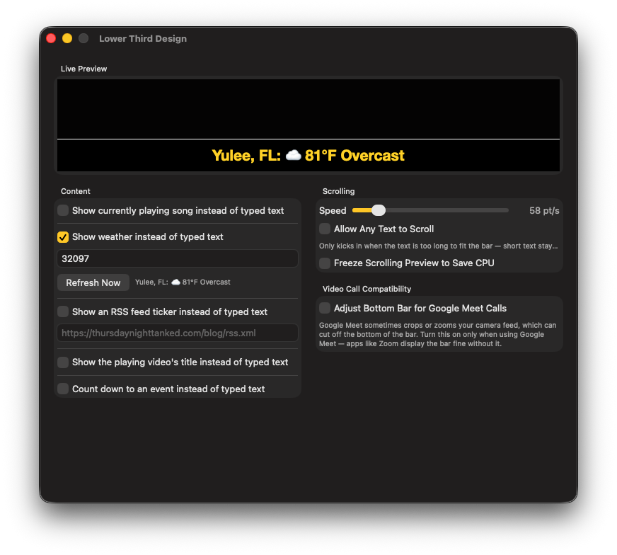 CamDeck lower third design panel with weather mode enabled, showing a live preview and zip code field