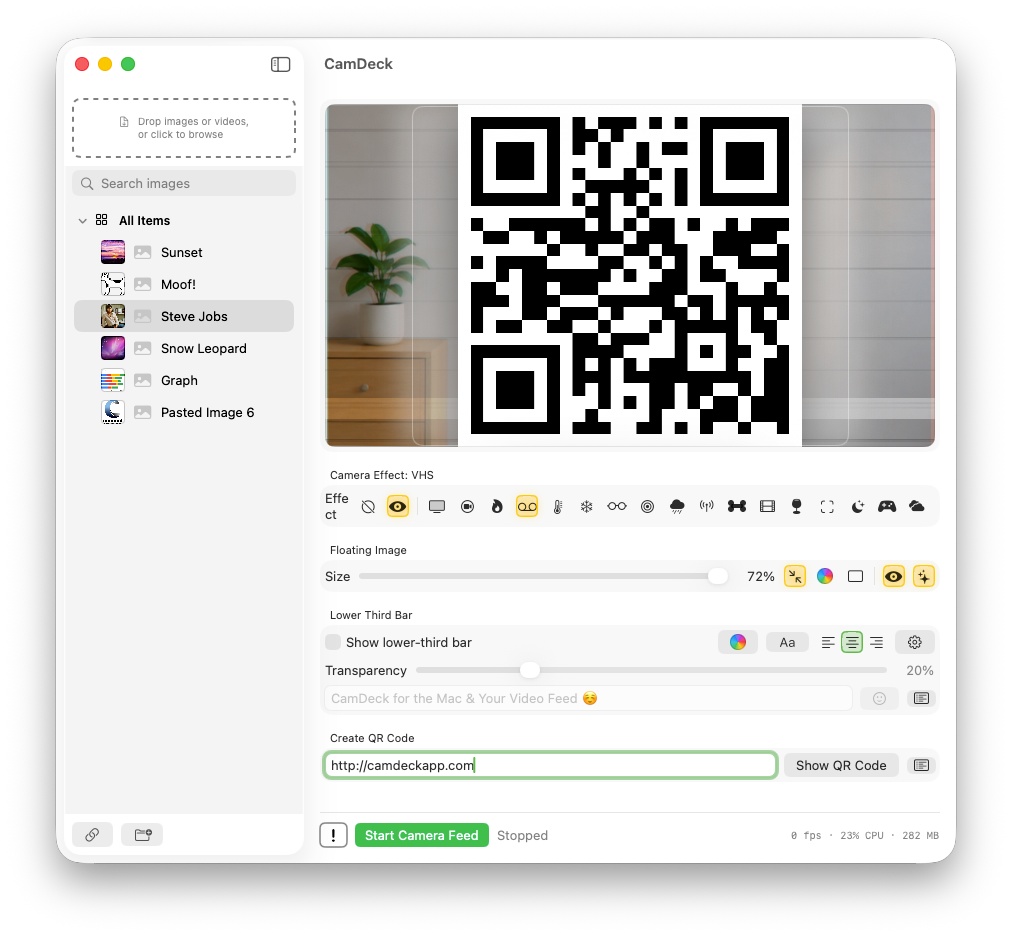 CamDeck showing a live-generated QR code in the floating-image slot over the camera feed