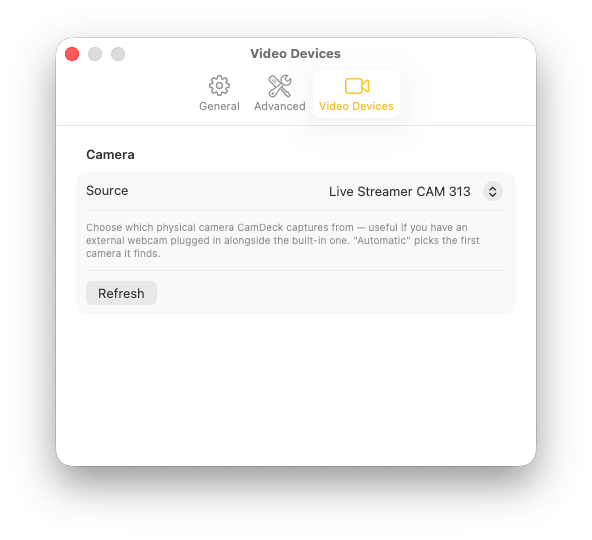 CamDeck video devices settings with a specific physical camera selected as the source