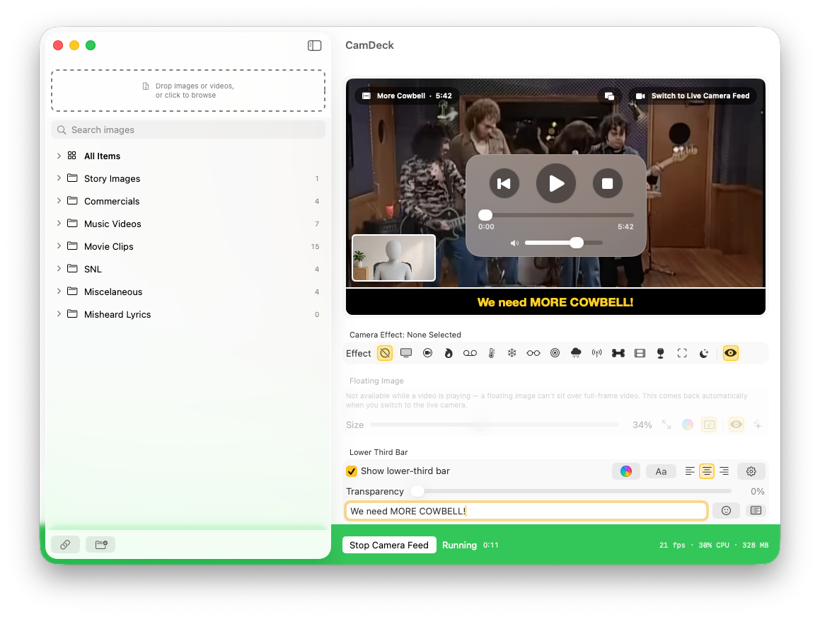 CamDeck playing a video clip as the camera output, with transport controls and a Switch to Live Camera Feed button